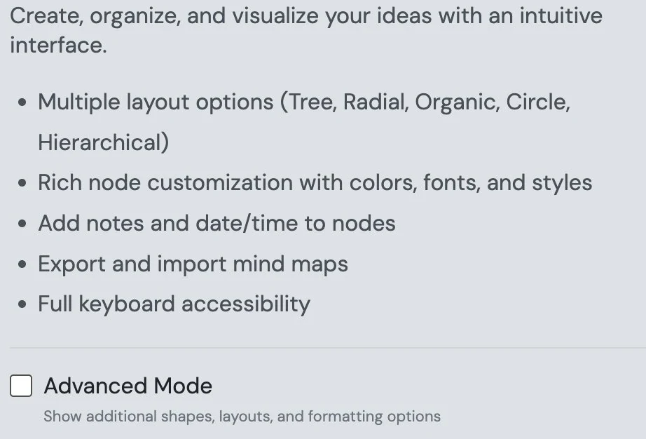 The About dialog summarising features, with an Advanced Mode toggle