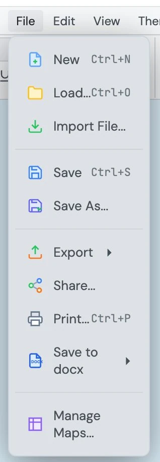 The File menu: New, Load, Import File, Save, Save As, Export, Share, Print, Save to docx, and Manage Maps