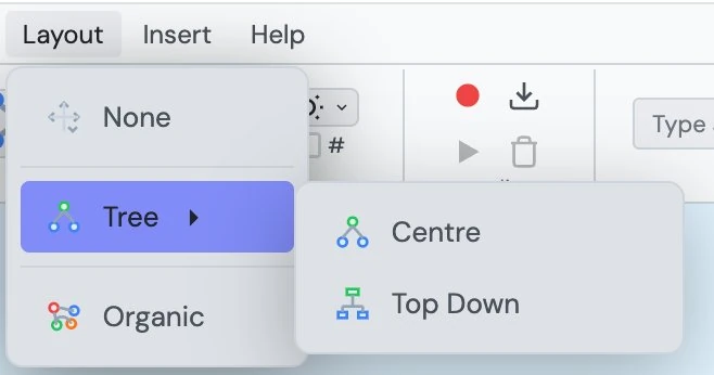 The Layout menu showing None, Tree with Centre and Top Down options, and Organic