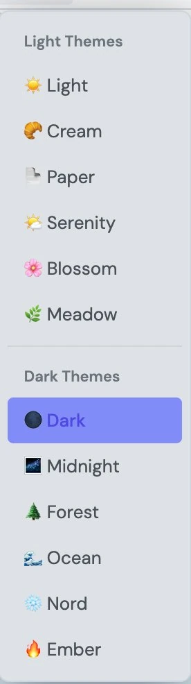 The Theme menu listing six light themes and six dark themes