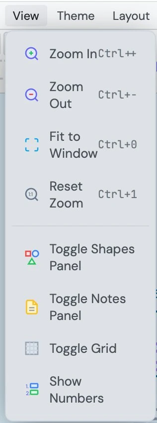 The View menu: Zoom In, Zoom Out, Fit to Window, Reset Zoom, Toggle Shapes Panel, Toggle Notes Panel, Toggle Grid, and Show Numbers